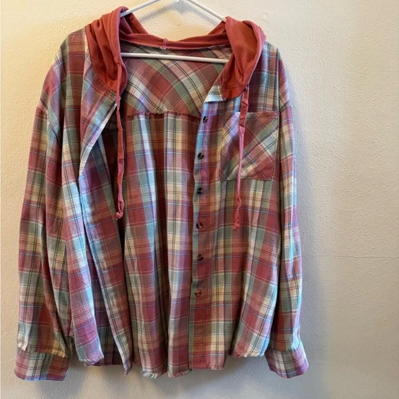 EUC Plaid Hooded Button-Up Shirt Jacket in Rust & Mint XL - Picture 3 of 10